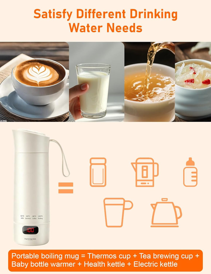 Reisewasserkocher Klein, 450ml Tragbarer Mini Wasserkocher mit 6 Temperatureinstellung LED-Display E