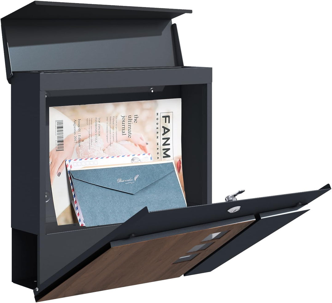 SCHARTEC® Briefkasten Holz Design & anthrazit mit Zeitungsfach modern & gross Wandbriefkasten Postka