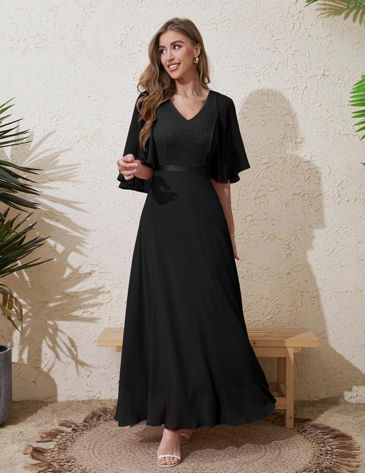 DRESSTELLS Festliche Abendkleider Damen Hochzeit Ballkleid Elegant Lang Brautkleid Standesamt Chiffo