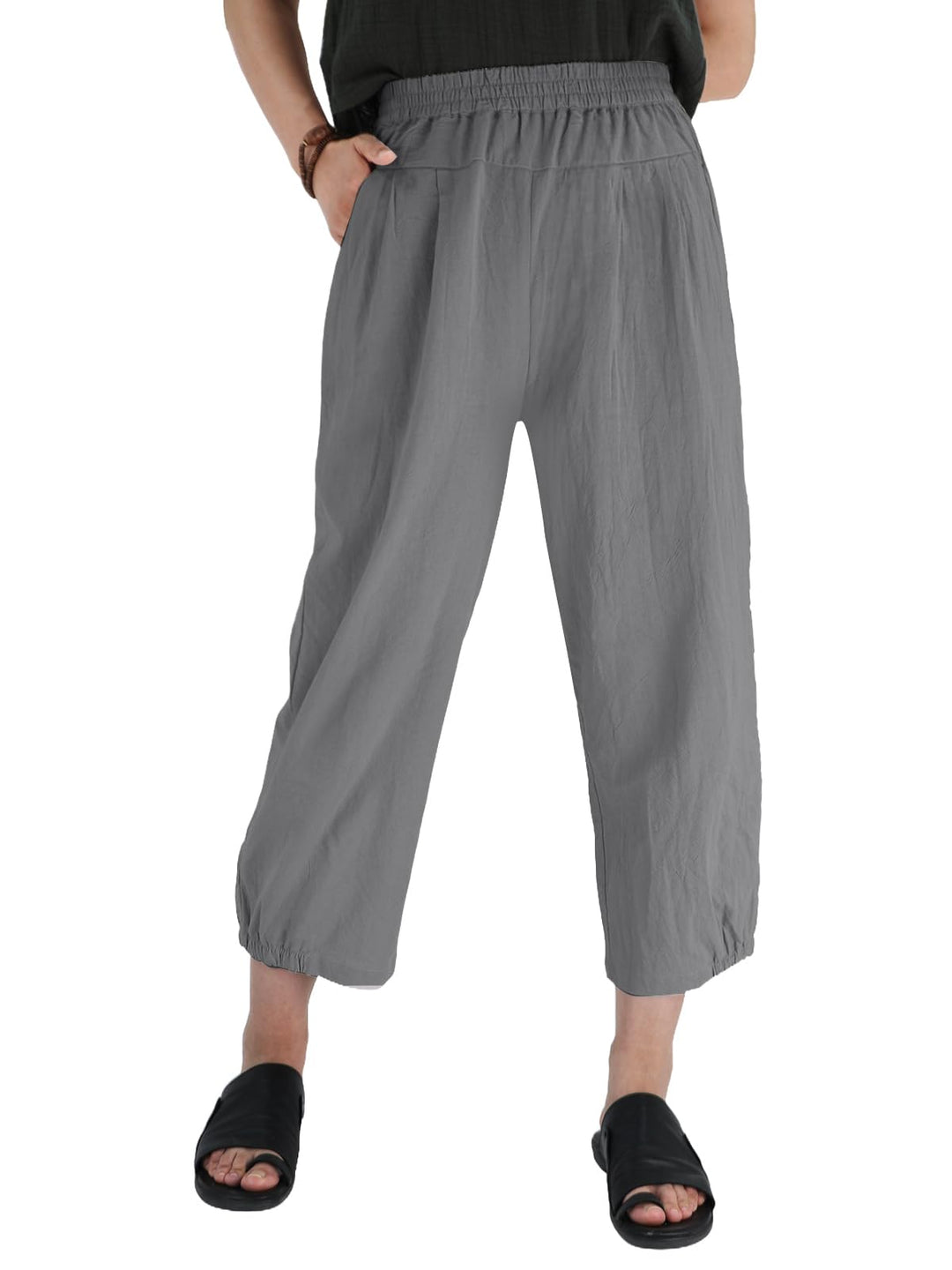 Les umes Damen Baumwolle Capri Casual Hose Elastische Taille Sommer Hose Haremhose mit Grau XXL, Gra