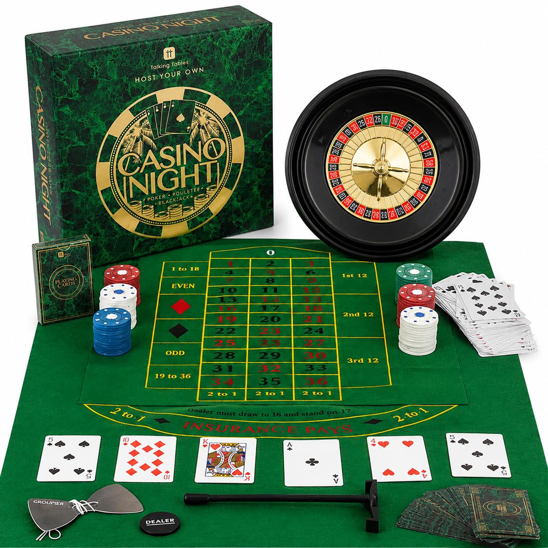Talking Tables Casino Night Game Kit - Play Poker, Blackjack, Roulette - Glücksspielset für Erwachse