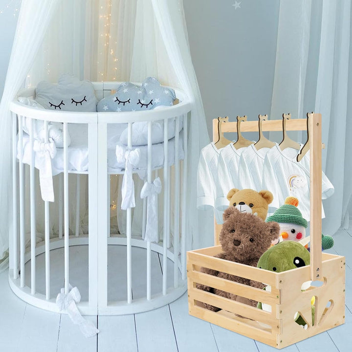 Babyparty Geschenk mit Griff, Baby Aufbewahrungskorb mit 5 Kinder Kleiderbügel, Holz Baby Geschenk K