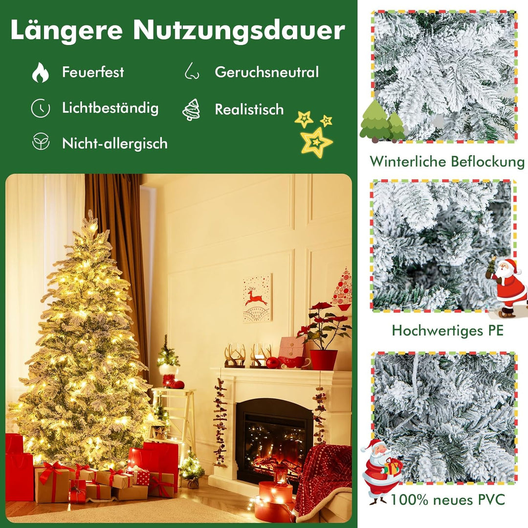COSTWAY 180 cm Künstlicher Weihnachtsbaum mit Beleuchtung und Schnee, Tannenbaum mit 260 warmweissen