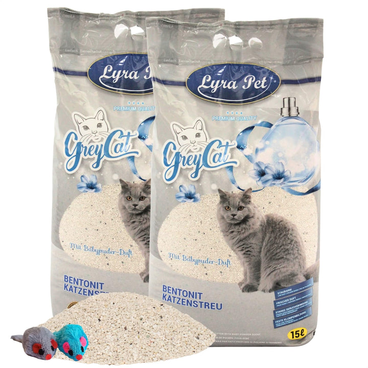 Lyra Pet® | 30 Liter Grey Cat Katzenstreu + 2 Spielmäuse | Mit Aktivkohle | Mit Babypuder Duft | Fei