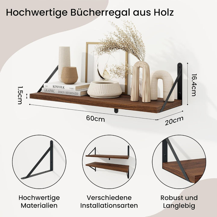 Feihorrm 3er Set Bücherregal, Wandregal Dunkel Braun, Regal 60cm Breit | Wandregal Holz, Bücherregal