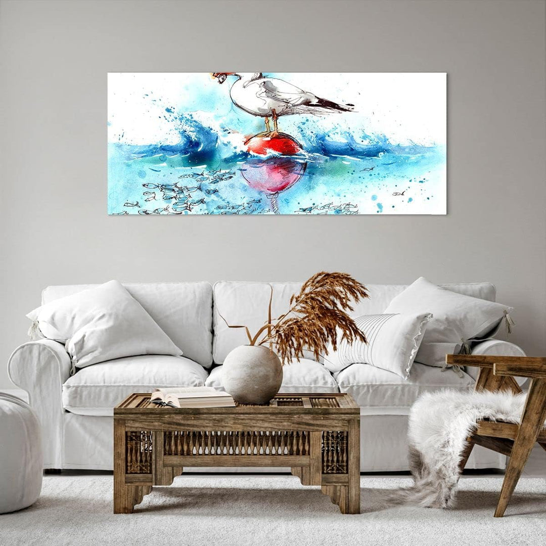 Wandbilder Dekoration Wohnzimmer Wasser Fische Möwe hungrig Panorama Bilder auf Leinwand 120x50cm Le
