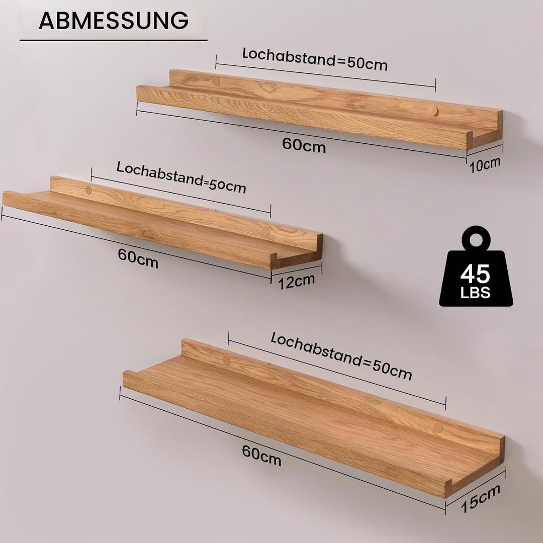 Bilderleiste Holz, 3er-Set Eiche Wandregal Holz Regal Massiv Schweberegal gewürzregal regalbrett Ide