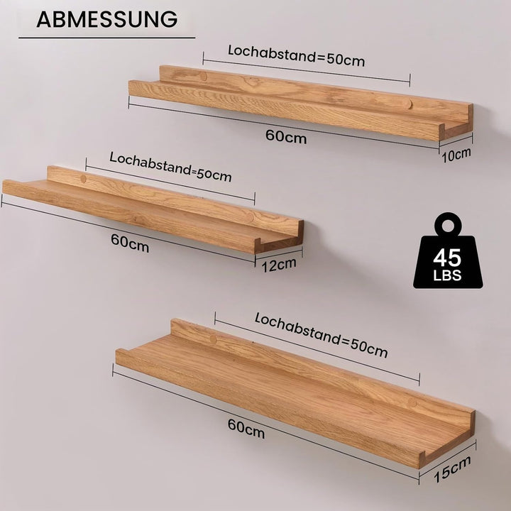 Bilderleiste Holz, 3er-Set Eiche Wandregal Holz Regal Massiv Schweberegal gewürzregal regalbrett Ide