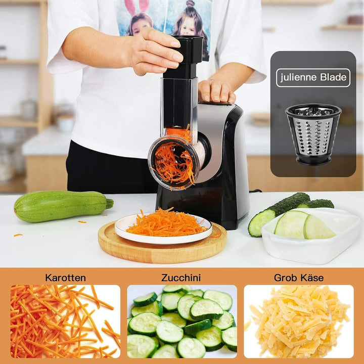 COOCHEER Elektrischer Gemüsehobel, Elektrische Reibe mit 5 Raspel, Küche Gemüsehobel Edelstahl Salat