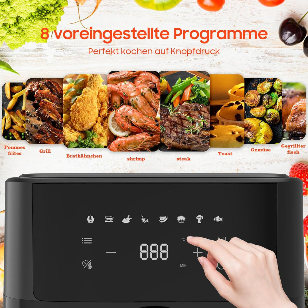 Dewelling Heissluftfritteuse 6,5L XL Airfryer, Leise Friteuse ohne Öl mit 8 Programmen, Touchscreen,