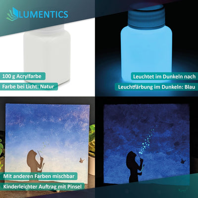 LUMENTICS Malfarbe Blau nachleuchtend 100g - Im Dunkeln leuchtende Farbe. Nachleuchtfarbe mit Glitte