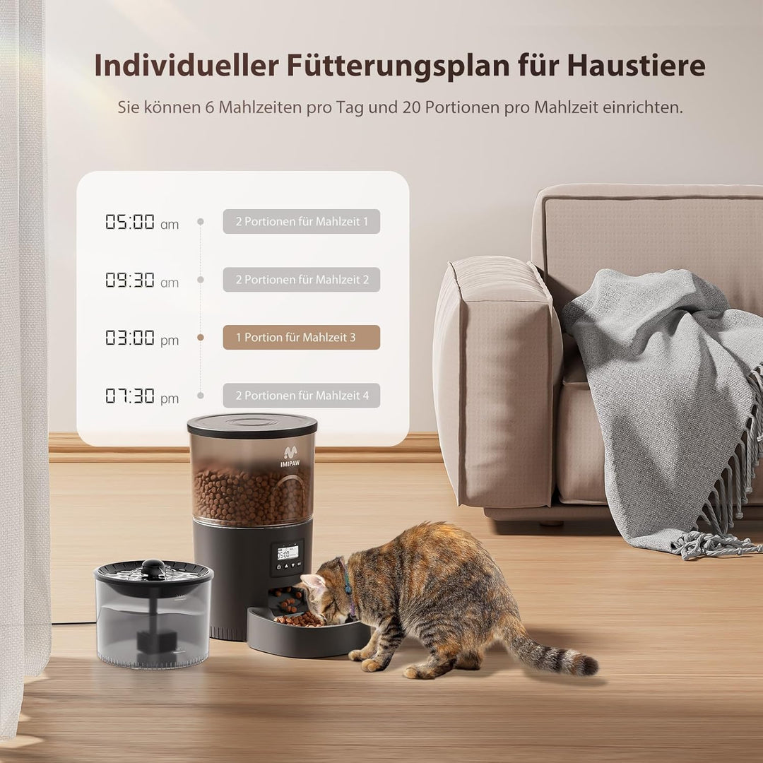 IMIPAW Futterautomat Katze und Katzenbrunnen, Zeitgesteuerter Trockenfutterspender für Haustiere, Pr