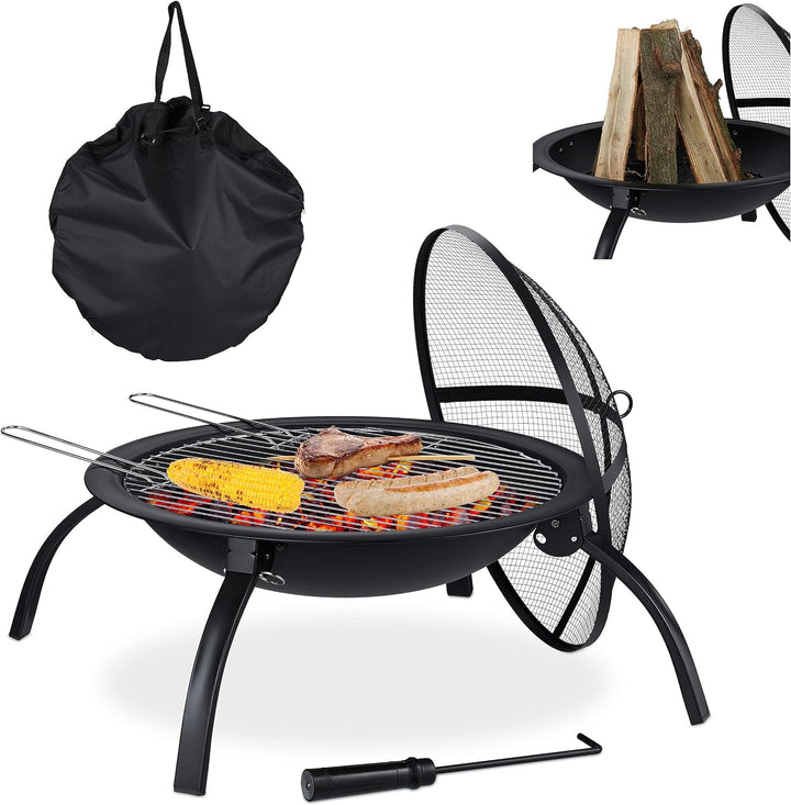 Relaxdays XL Feuerschale, mit Tasche, Grill Rost, Schürhaken, Funkenschutz Deckel, Garten, Terrasse,