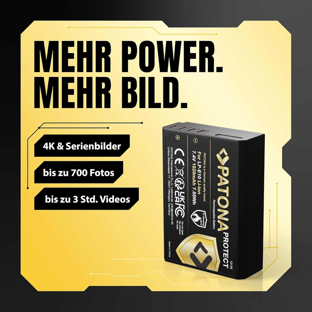 PATONA Protect V1 (2X) Ersatz für Akku Canon LP-E10 (echte 1020mAh) mit NTC-Sensor und V1 Gehäuse ko