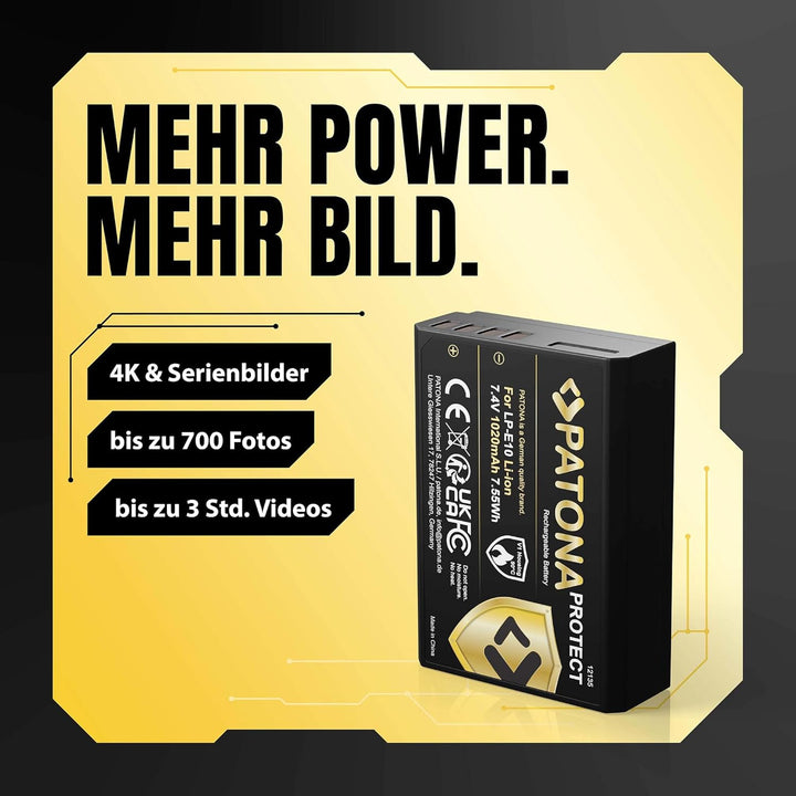 PATONA Protect V1 (2X) Ersatz für Akku Canon LP-E10 (echte 1020mAh) mit NTC-Sensor und V1 Gehäuse ko