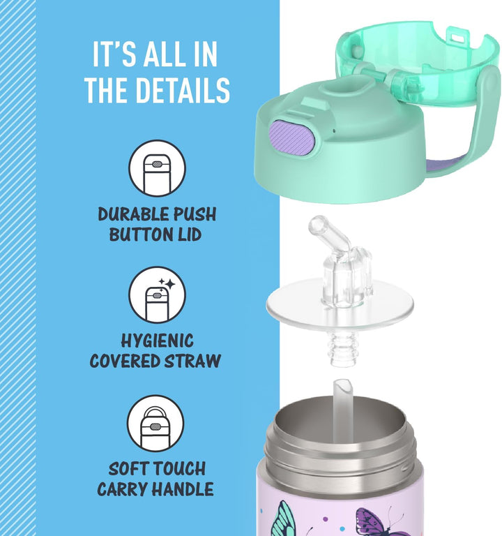 THERMOS Funtainer Kinder-Strohhalmflasche, Edelstahl, vakuumisoliert, 340 ml, Schmetterlingsfrenzy F