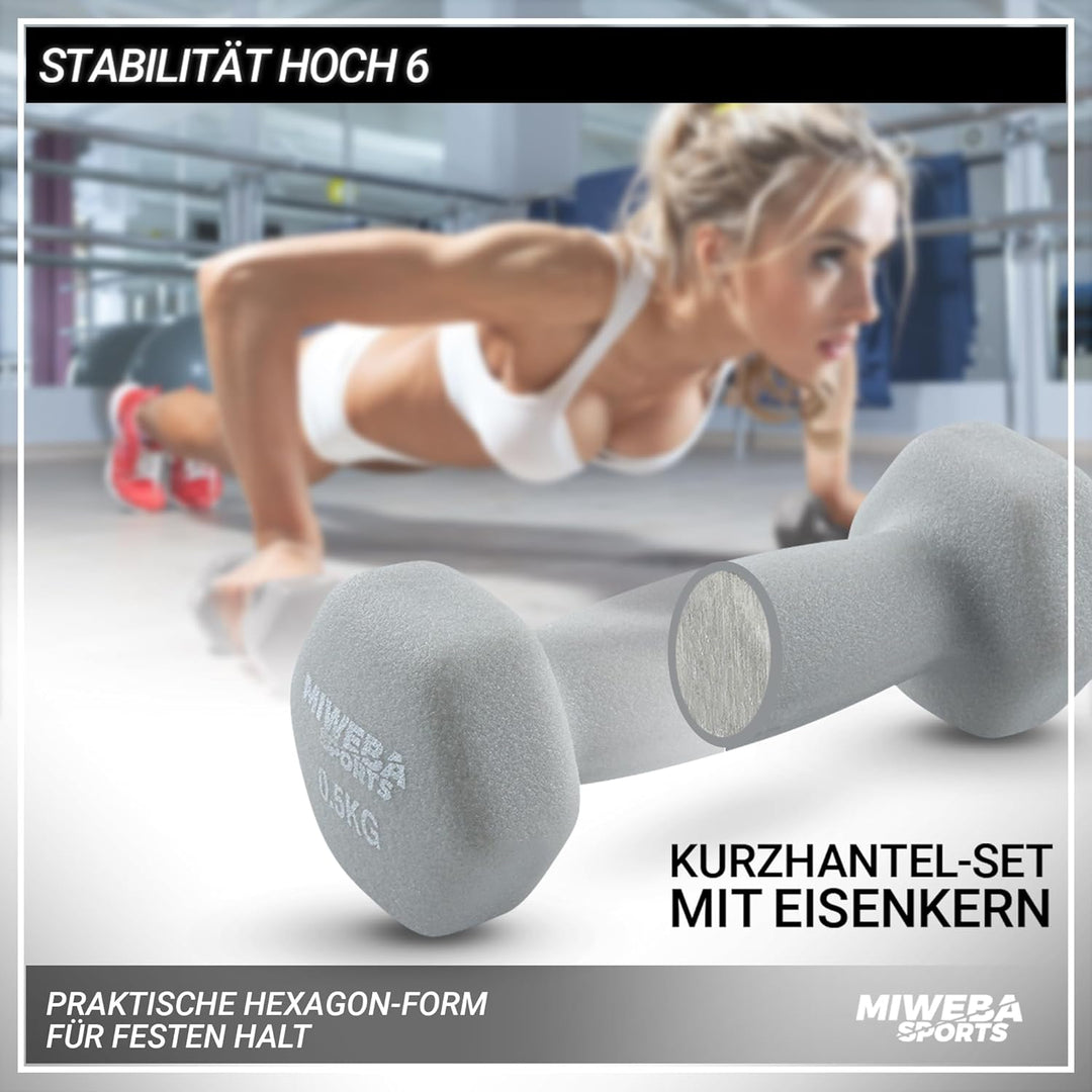 Miweba Sports Neopren Hantelset NKH100 | 𝐏𝐫𝐨𝐟𝐢 Hanteln - 0.5-10.0 Kg - Hexagon Hanteln Set - Kurzhan