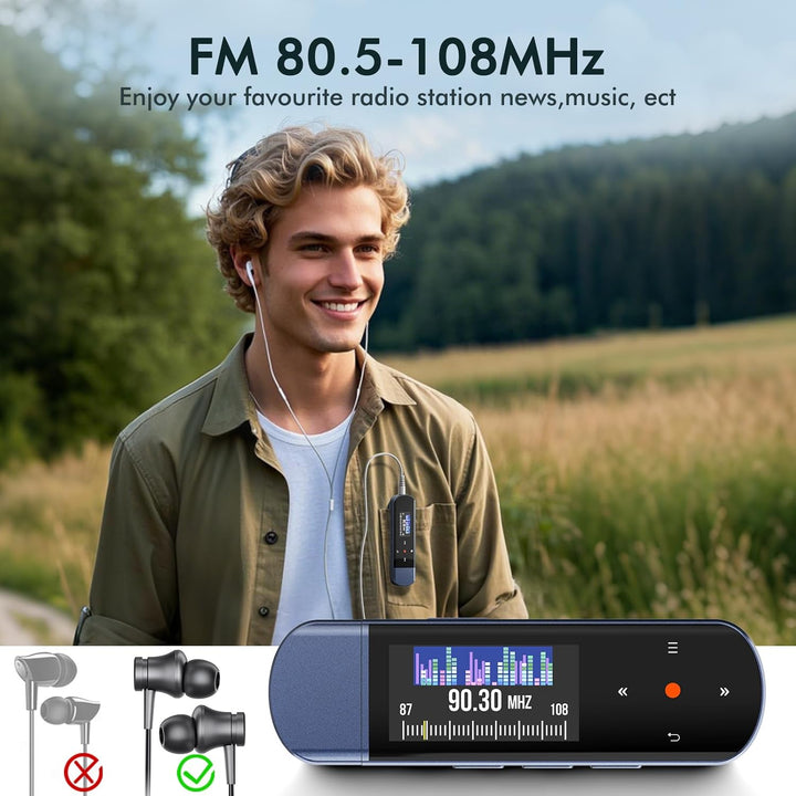 64GB Tragbarer USB MP3 Player mit Bluetooth 5.3, Clip für Sport & Laufen, FM Radio, Voice Recorder,