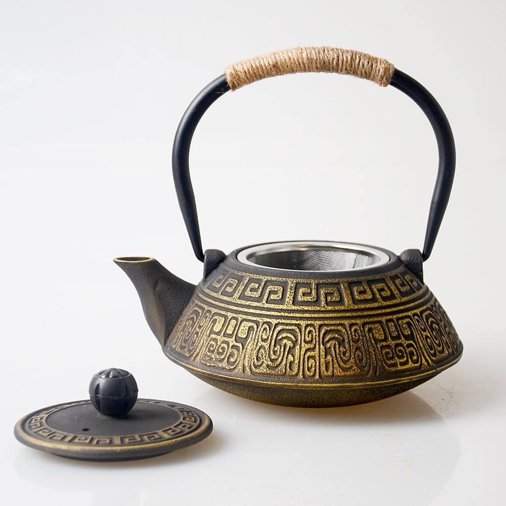 HwaGui-Teekanne Gusseisen Gold Japan Teekannen mit Sieb Infuser für Stövchen, 800ml [MEHRWEG] Altes