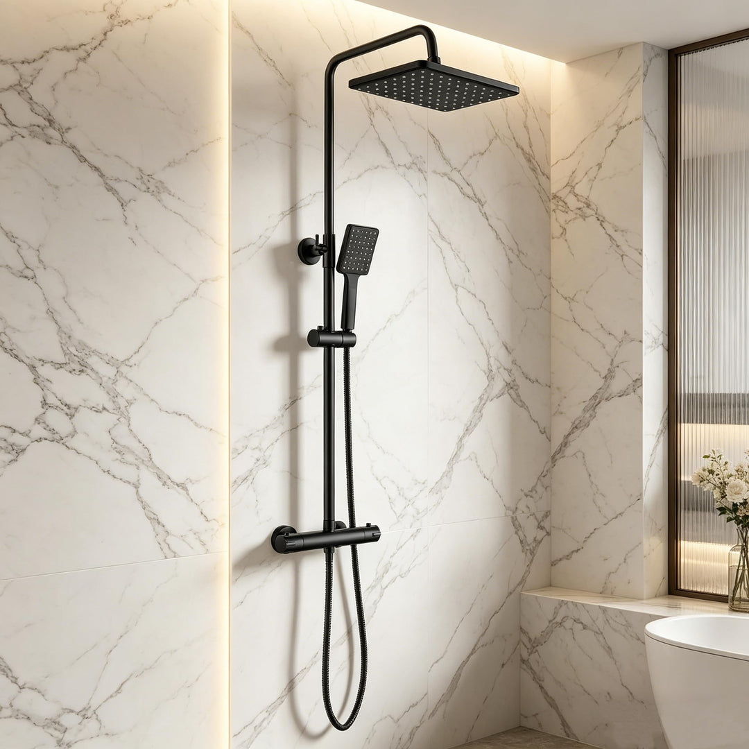 YOOZENA Duscharmatur Schwarz, Duschsystem mit Thermostat, 26x19cm Kopfbrause, Duschkopf mit Schlauch
