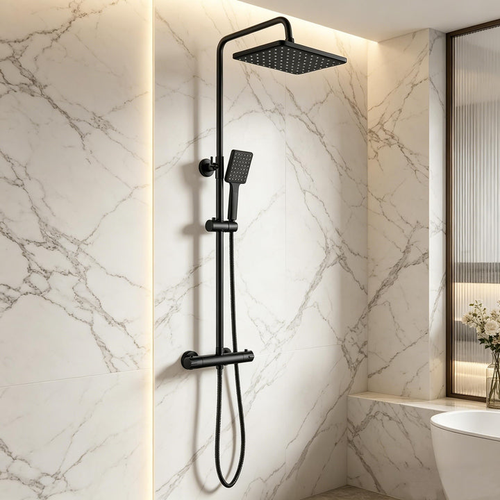 YOOZENA Duscharmatur Schwarz, Duschsystem mit Thermostat, 26x19cm Kopfbrause, Duschkopf mit Schlauch
