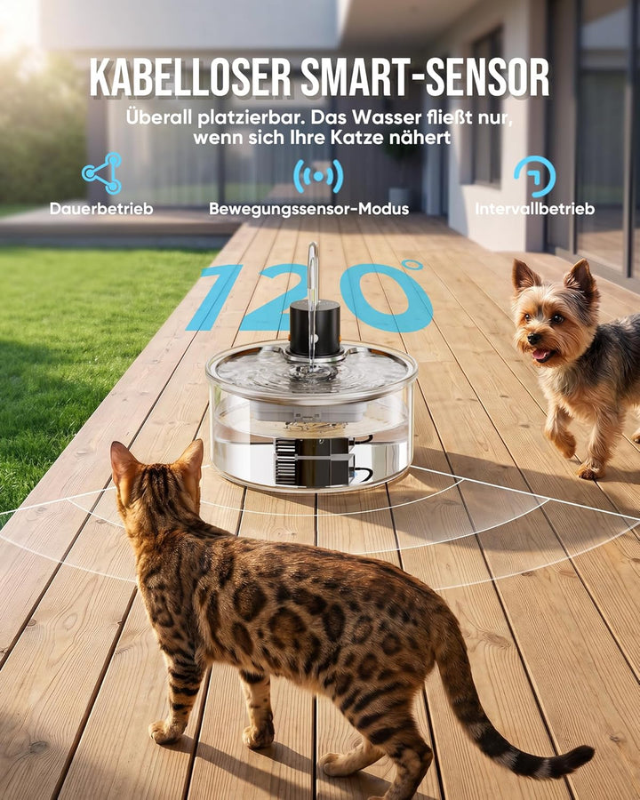 Tomxcute Trinkbrunnen für Katze Kabellos 3,2L, Katzenbrunnen Glas mit Bewegungsmelder, 5000mAh Wiede