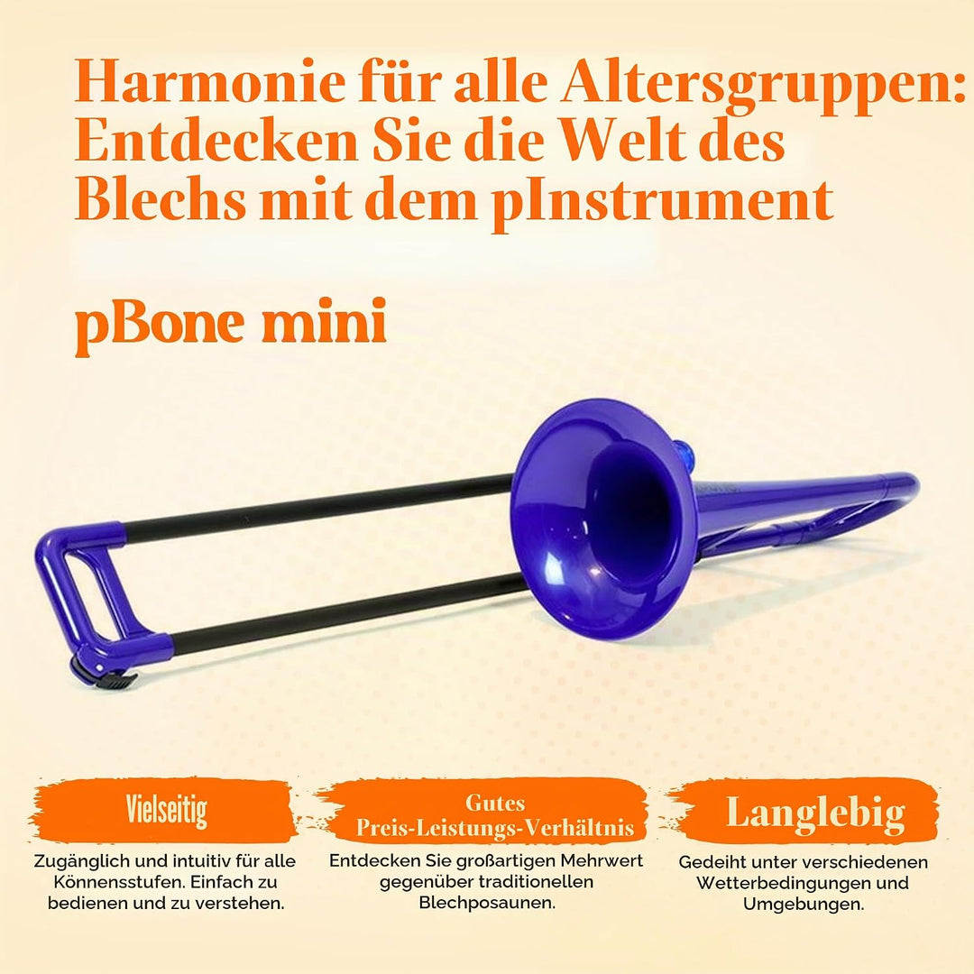 PBONE 700639 Mini-Posaune mit Mundstück und Tasche, blau, Blau