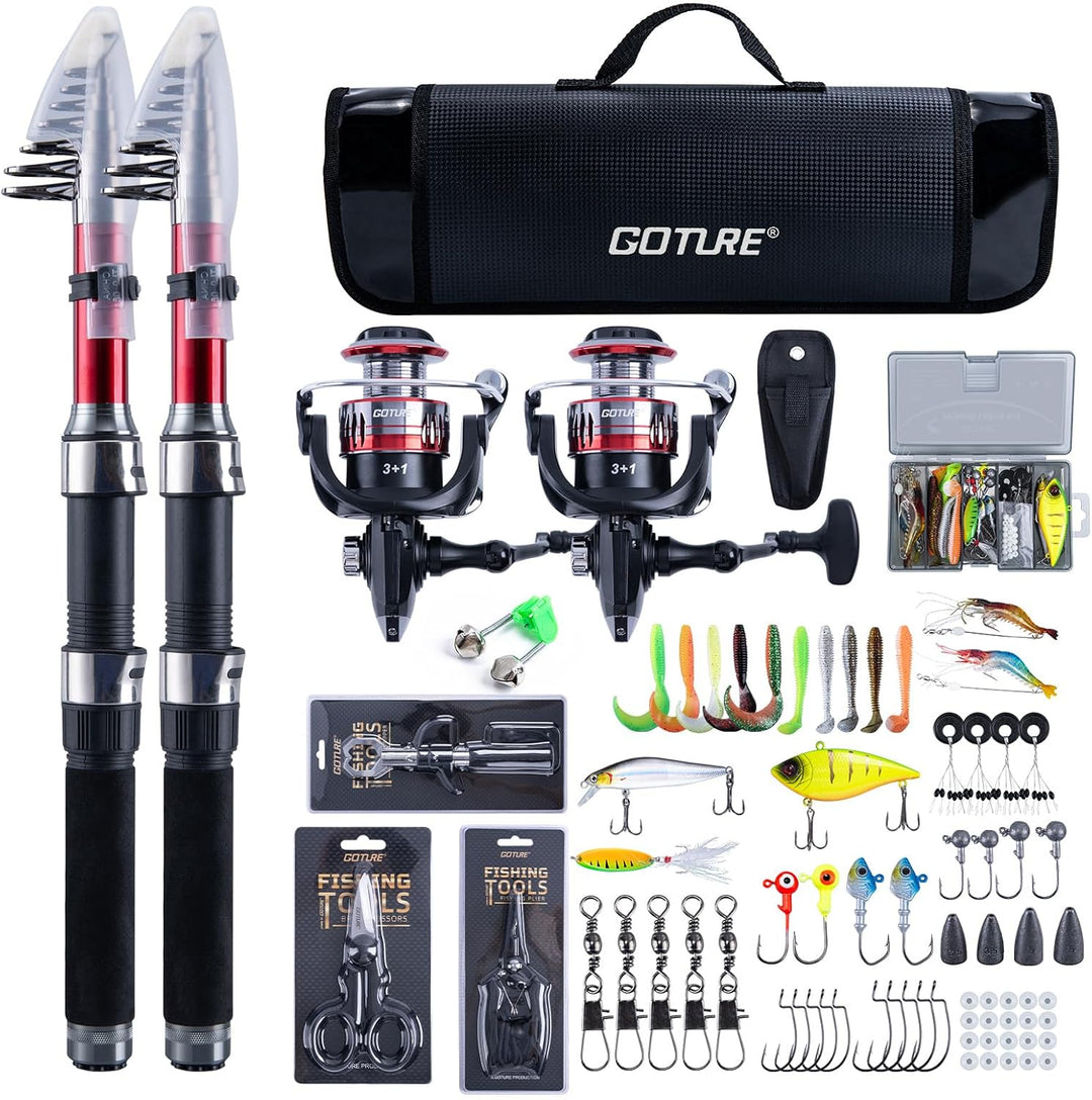 Goture Angelset mit 2 Teleskop-Angelruten,1,8m/2,1m/2,4m/2,7m I Angelrute Set Komplett 2 5.2:1 Spinn