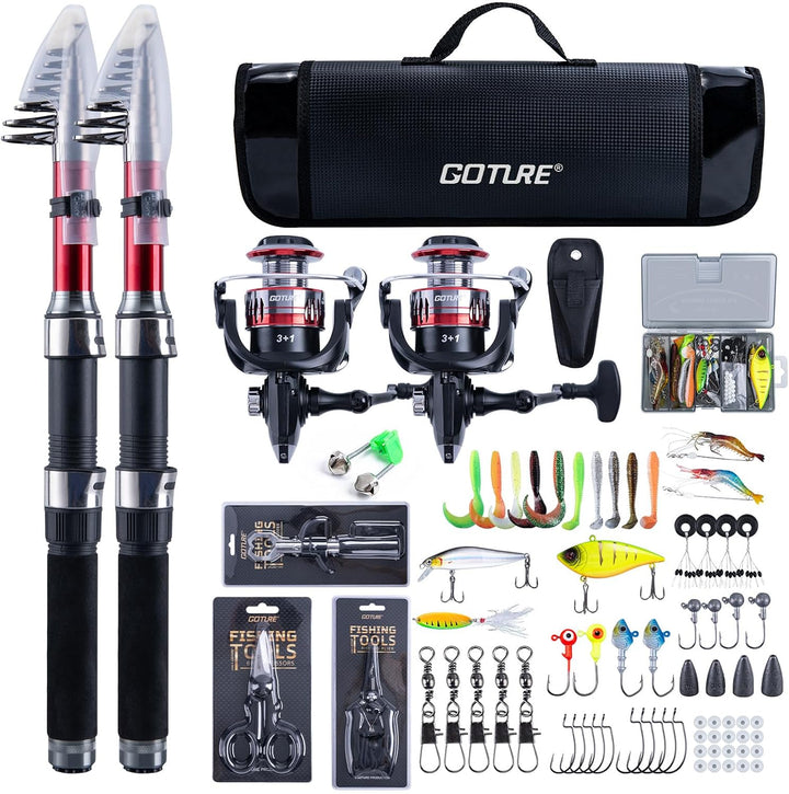 Goture Angelset mit 2 Teleskop-Angelruten,1,8m/2,1m/2,4m/2,7m I Angelrute Set Komplett 2 5.2:1 Spinn