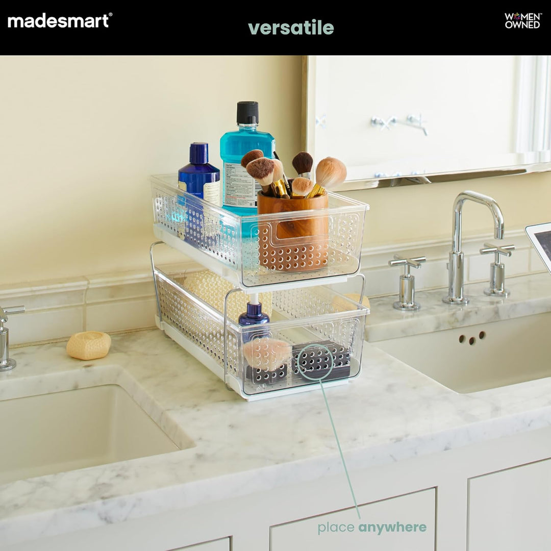 Madesmart 2-Tier Plastic Multipurpose Organizer with Divided Slide-Out Storage Bins, Under Sink and