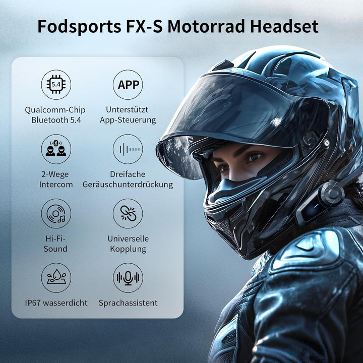 Fodsports FX-S Motorrad Headset Bluetooth 5.4, Helm Kommunikationssystem für 2 Personen, Dreifache G