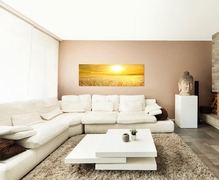Paul Sinus Art Panoramabild auf Leinwand und Keilrahmen 150x50cm Kornfeld Spätsommer Sonnenuntergang