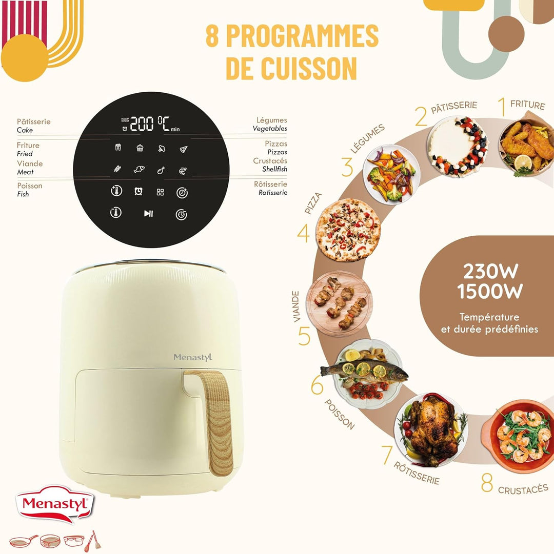 MENASTYL - Fritteuse ohne Heissluftöl Colorama – Creme – ohne PFAS – 4,5 l – 8 Programme – Temperatu