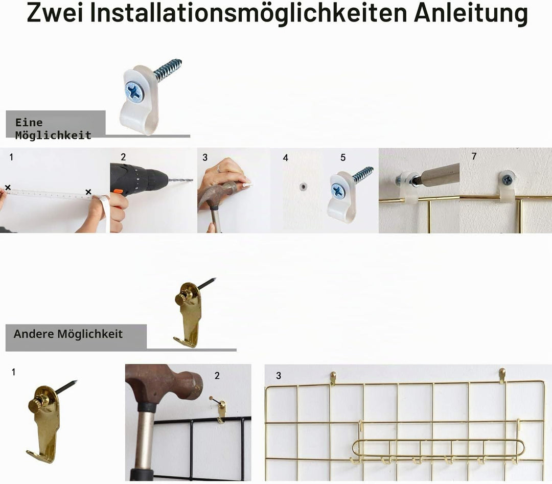 FRIADE Wandgitter-Panel für Foto-Display, Wandaufbewahrung, Organizer, 5 Metall-Clips & 3 S-Haken 4