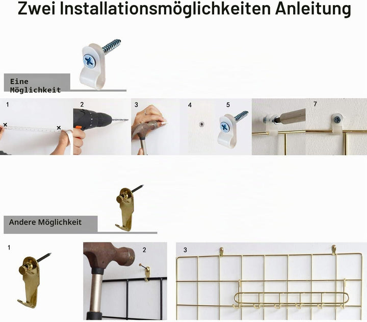FRIADE Wandgitter-Panel für Foto-Display, Wandaufbewahrung, Organizer, 5 Metall-Clips & 3 S-Haken 4