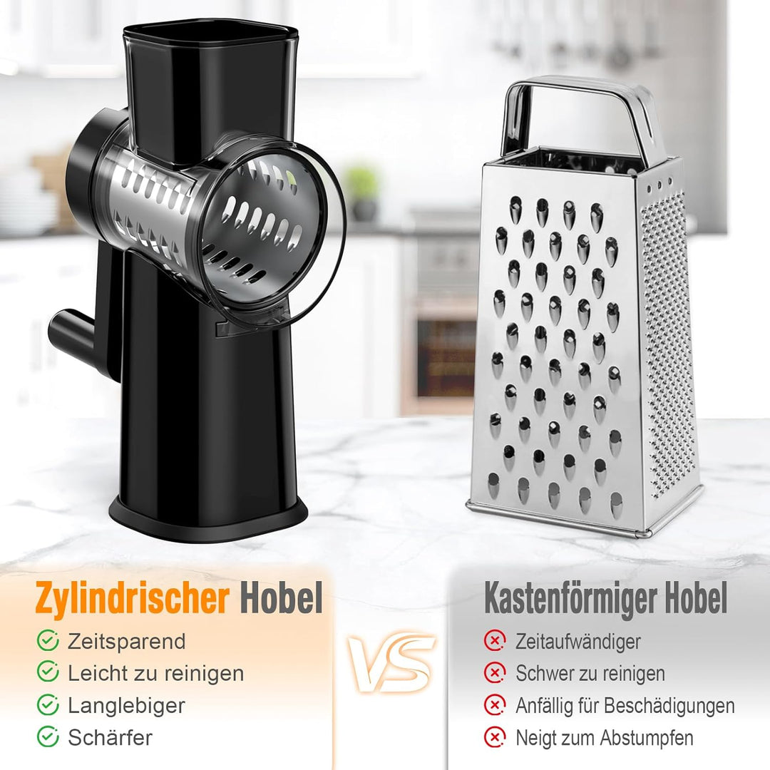 Ibergrif Manuelle Gemüsereibe mit Kurbel, Schwarze Premium Trommelreibe– 3 Klingen für Schneiden, Ra