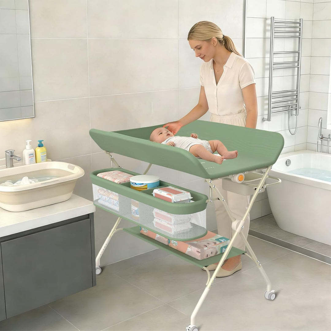 Supfine Wickeltisch klappbar, Mobiler Wickeltisch mit Seitlichem Korb und Kleiderstange, Höhenverste