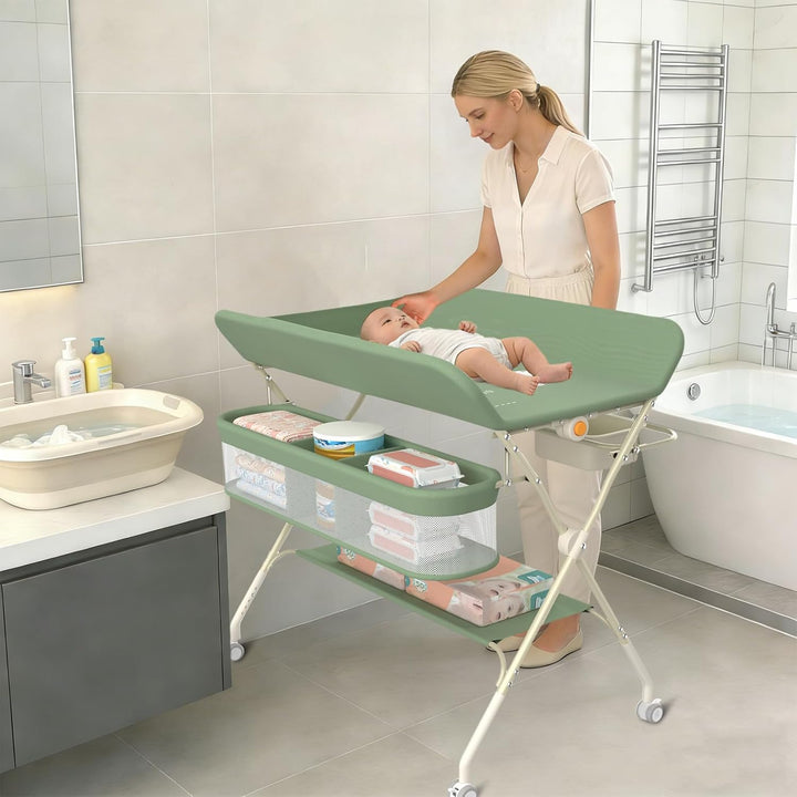 Supfine Wickeltisch klappbar, Mobiler Wickeltisch mit Seitlichem Korb und Kleiderstange, Höhenverste