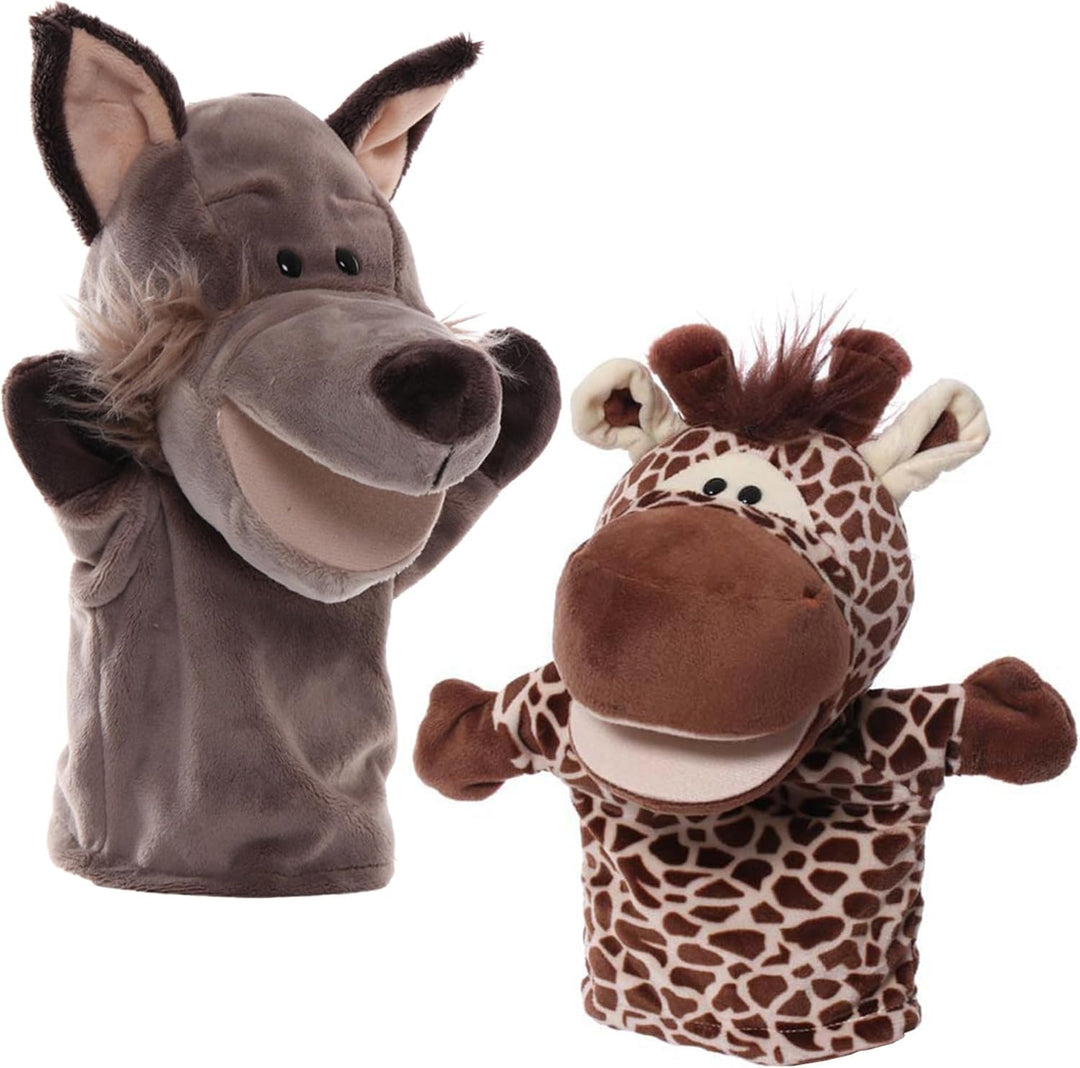 Handpuppen Tiere Wolf & Hirsch für Kinder Erwachsene, Plüschtiere Mund Kann Sich öFfnen, 2Pcs Hand P