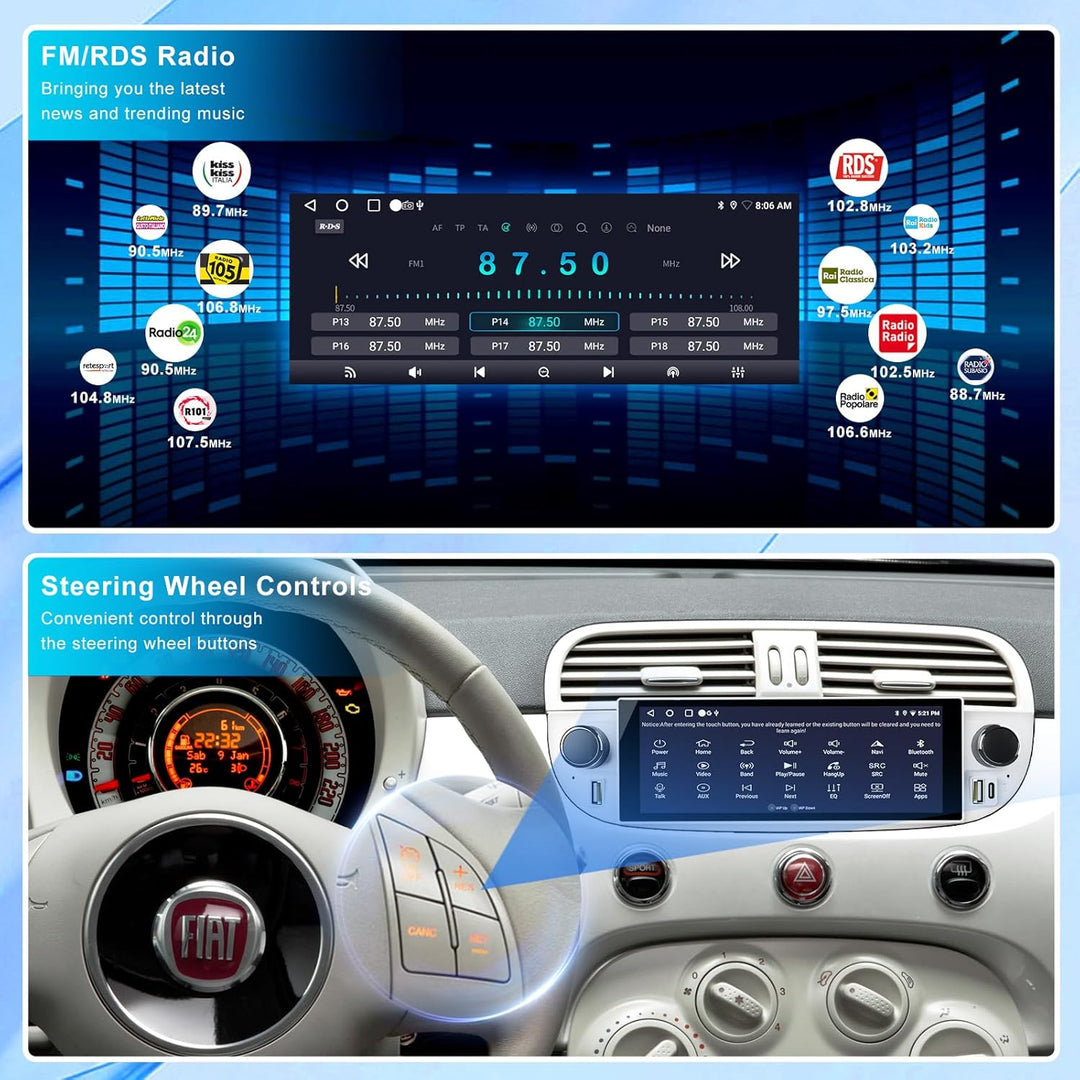 Autoradio für FIAT 500 2007-2015 mit Android Auto und CarPlay Wireless, RDS Car Radio Android 13 Ste