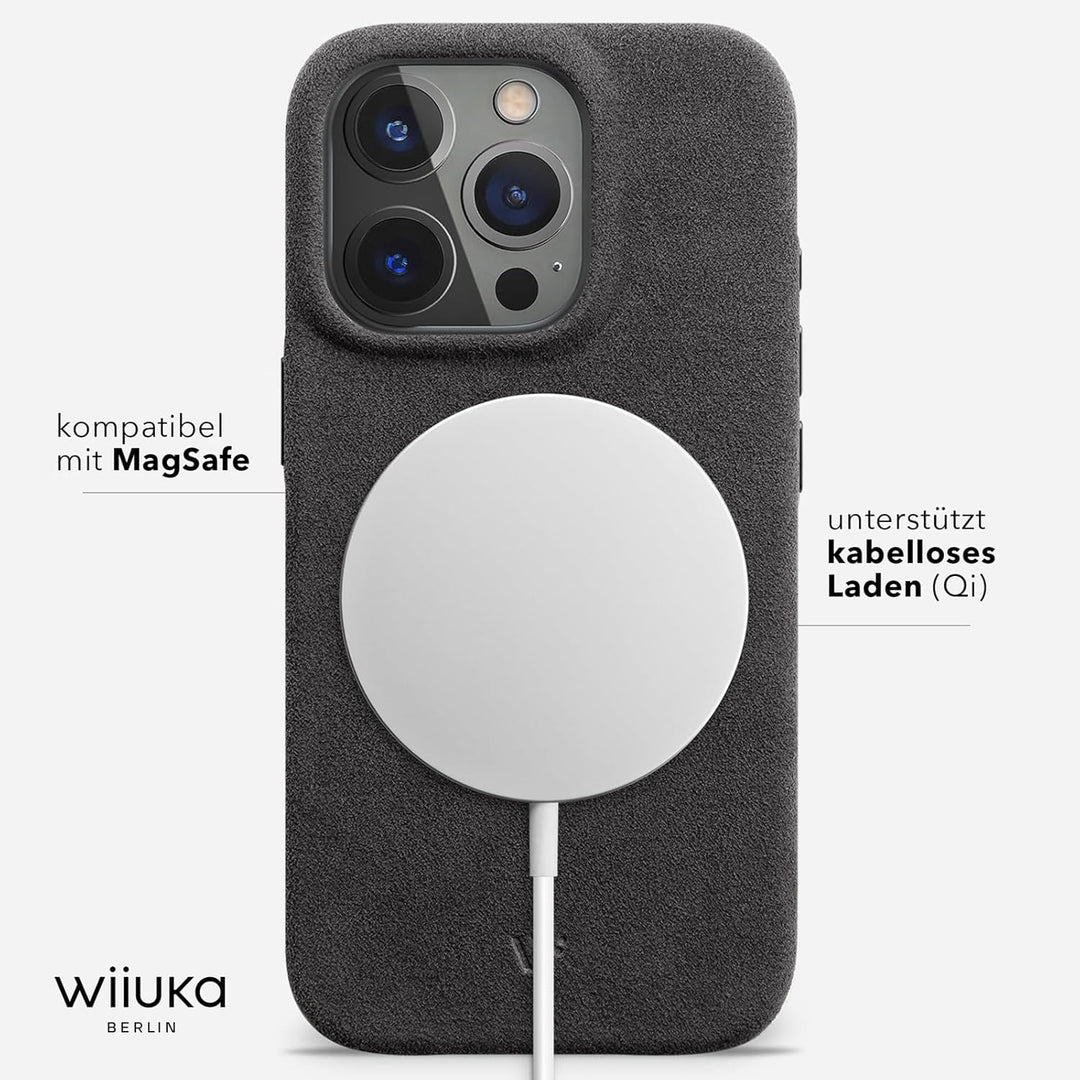 WIIUKA Hülle für iPhone 15 Pro, original Alcantara®, handgefertigt, extra Dünn, Premium Handyhülle,