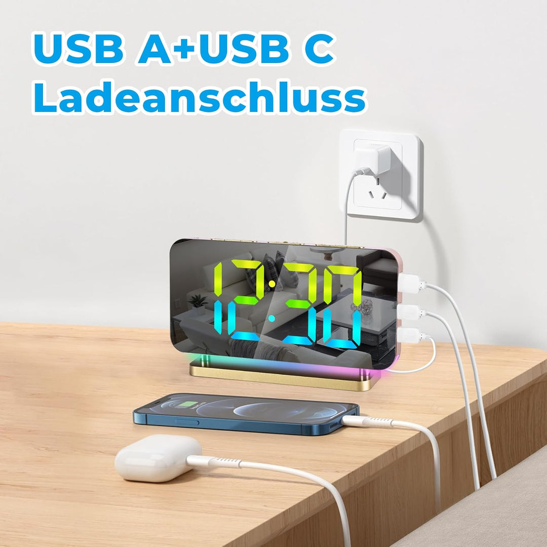 SZELAM Wecker Digital,Wecker Nachttisch,7,4" LED-Spiegeluhr mit 10 Modi RGB-Nachtlicht,11 Farben LED