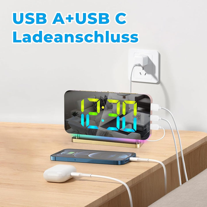 SZELAM Wecker Digital,Wecker Nachttisch,7,4" LED-Spiegeluhr mit 10 Modi RGB-Nachtlicht,11 Farben LED