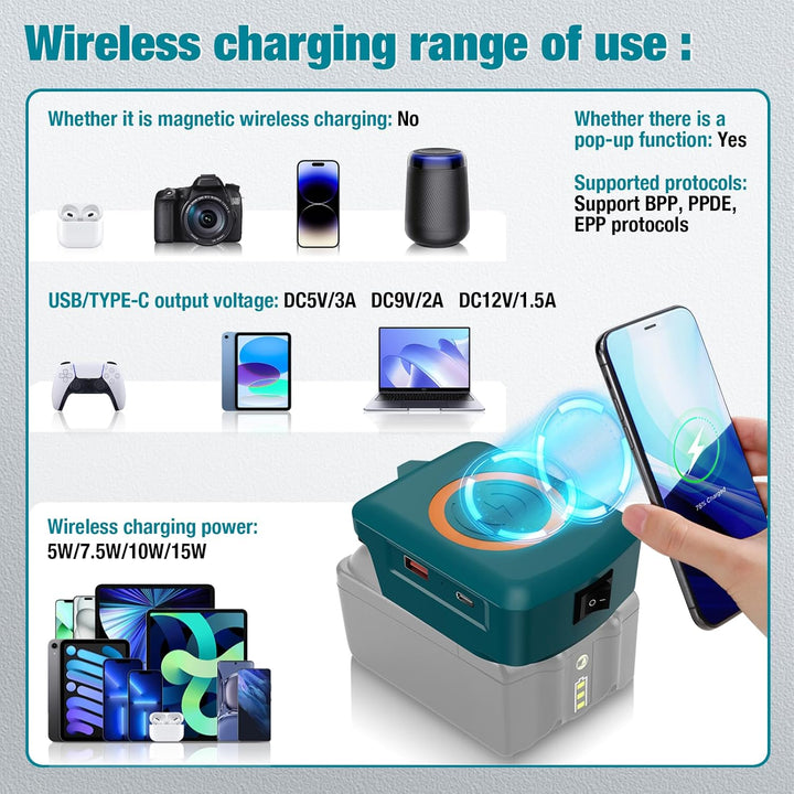 Wireless für Bosch 18V GBA Akku USB Ladegerät Adapter,Kabelloses Handy Ladegerät,Typ-C Telefon Schne
