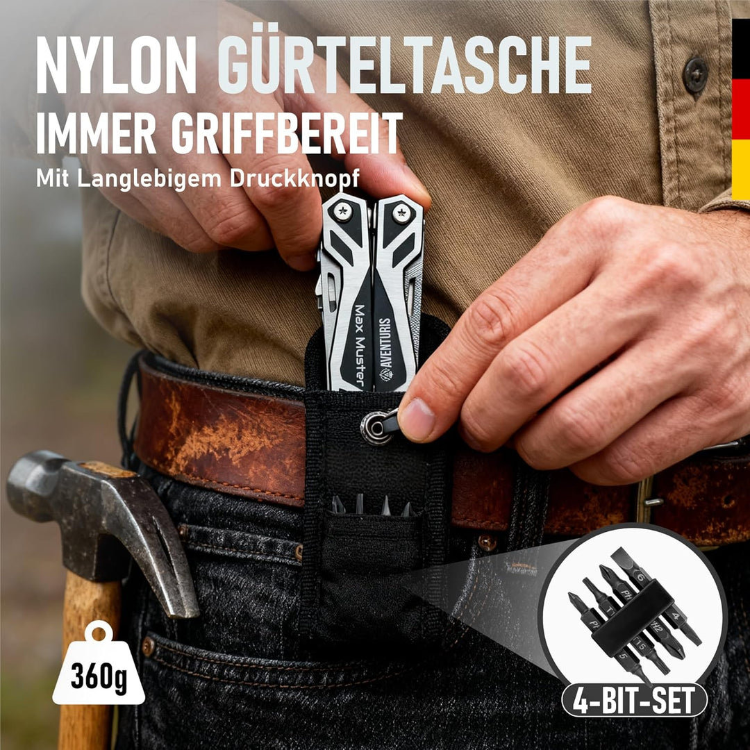 AVENTURIS® Multitool-Werkzeug -PERSONALISIERBAR- 21 Funktionen [Edelstahl] Ein Multifunktionswerkzeu