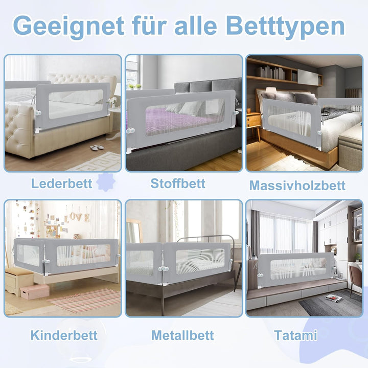 200cm Bettgitter Rausfallschutz klappbar 180 Grad drehbar Bettschutzgitter für Kleinkinder luftiges