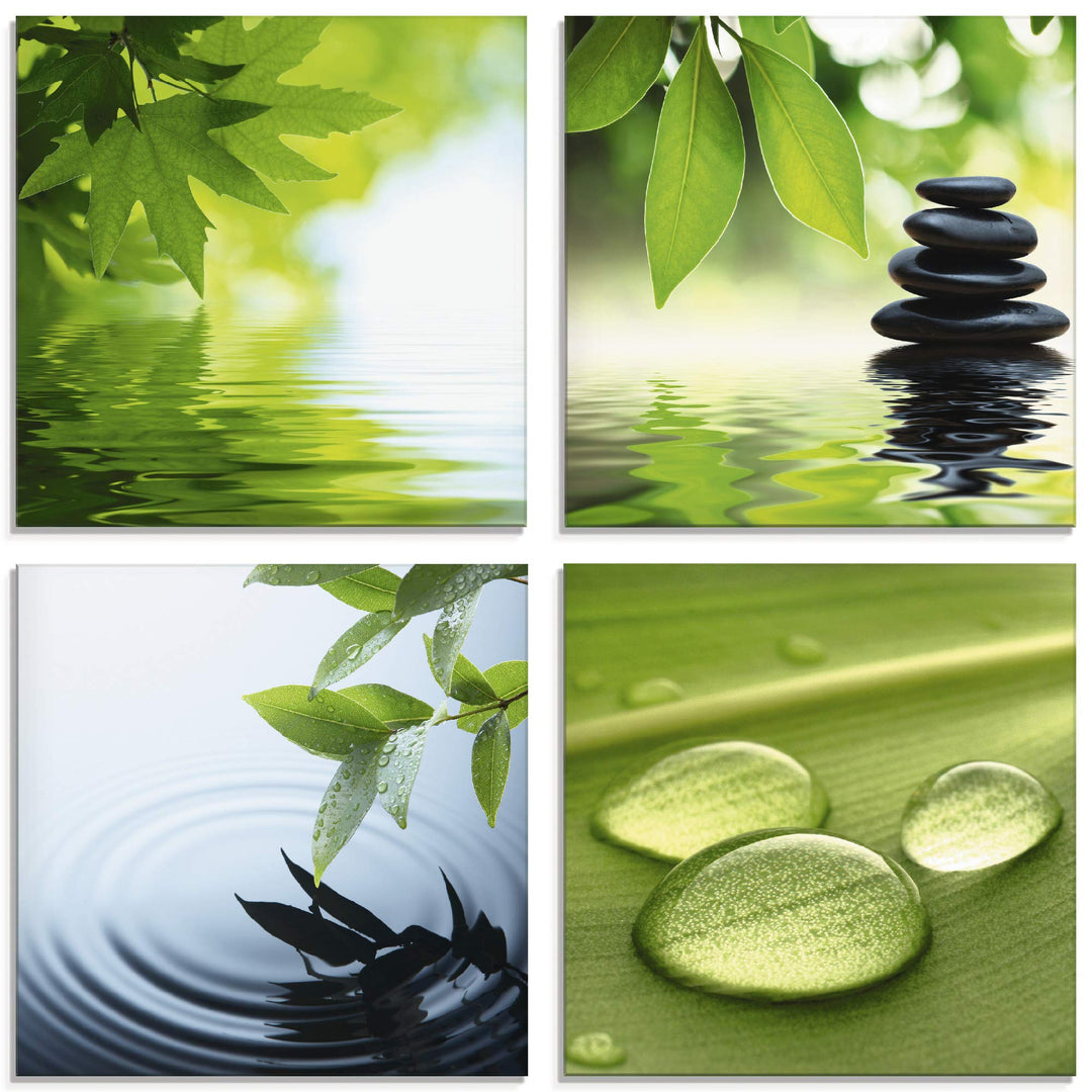 ARTland Glasbild Wandbild Glas Bild 4er Set 4 teilig je 40x40 cm Wellness Entspannung Zen Wasser Grü