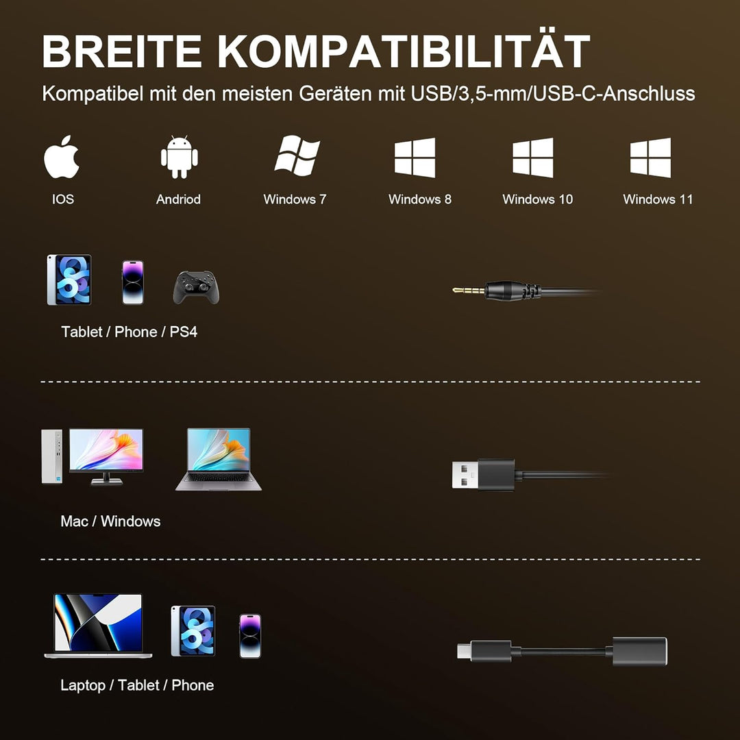 Wantek 882F Headsets mit Mikrofon Noise Cancelling und USB A 3,5mm Stecker Typ C Adapter für Call Ce