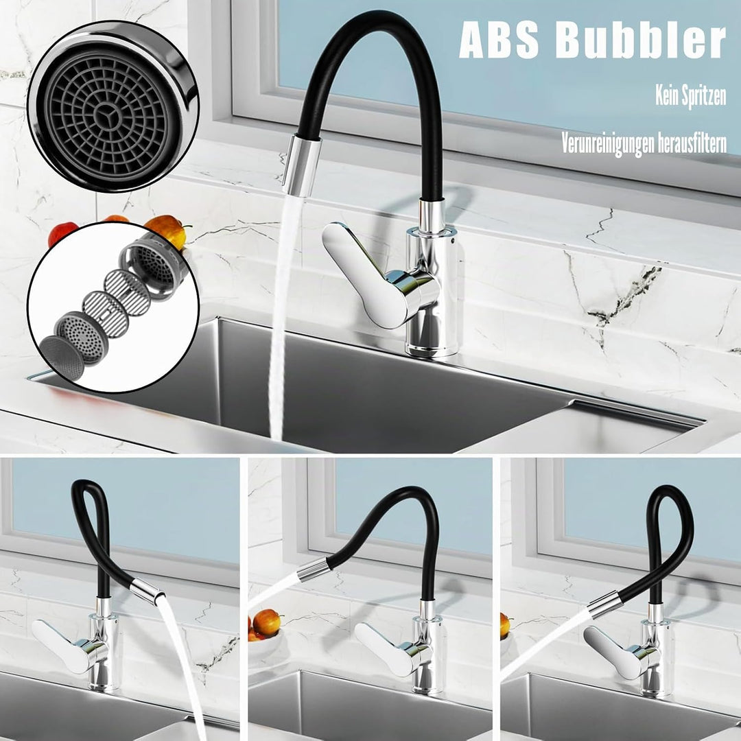 Wasserhahn Küche mit Flexibler Auslauf, Wasserhahn Küche Schwarzmit Handschuhe, Spültischarmatur 360