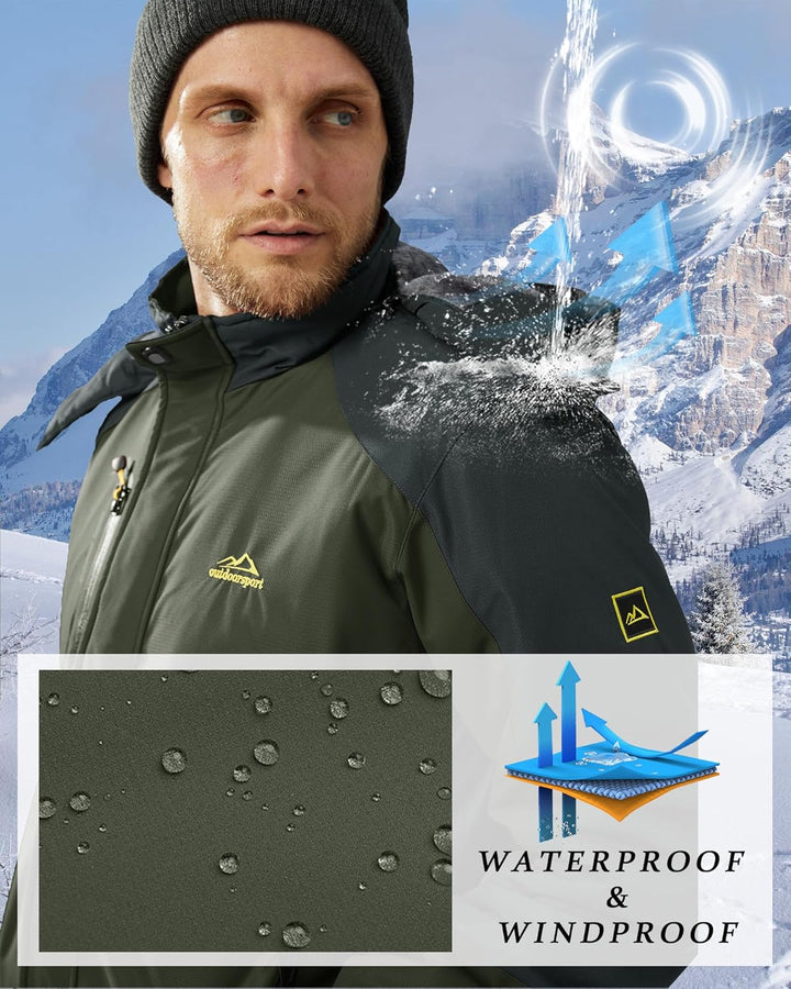 KEFITEVD Winterjacke Herren Skijacke Wasserdicht Warm Gefüttert Outdoorjacke mit Abnehmbarer Kapuze